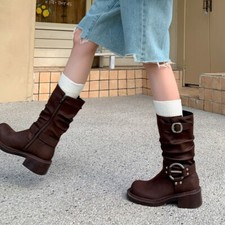 Pleated Women Buckle Riding Knight Mid Calf Boots Real Leather Block Heel Winter