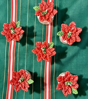 6 HAND PAINTED RED POINSETTA WAX CANDLES. Handmade Christmas Candles