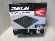 RELN Matte Black Square Shower Drain with Square Pattern Drain Cover- 6” x 6”