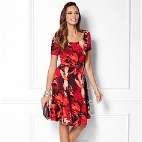 EVA MENDES NY&C Red Floral Belted Fit & Flare Dress Size 10
