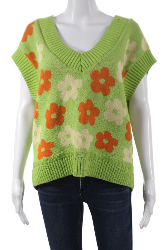 Zara Womens Green Floral Cotton V Neck Sleeveless Sweater Vest Size S
