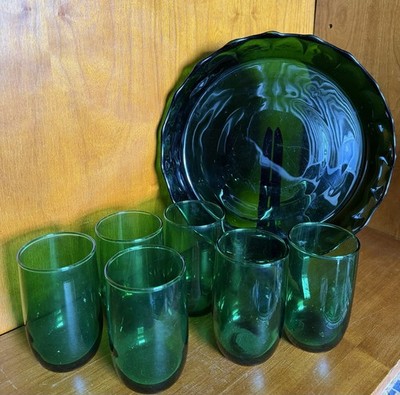 Vintage Anchor Hocking ROLY POLY Forest Green Glasses Serving Dish