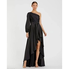 Mac Duggal Black Long Sleeve One Shoulder Satin High Low A-line Gown