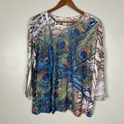 Jess & Jane Top Womens 1X Blue Peacock Ruffle Wearable Art Whimsical 3/4 Sleeve
