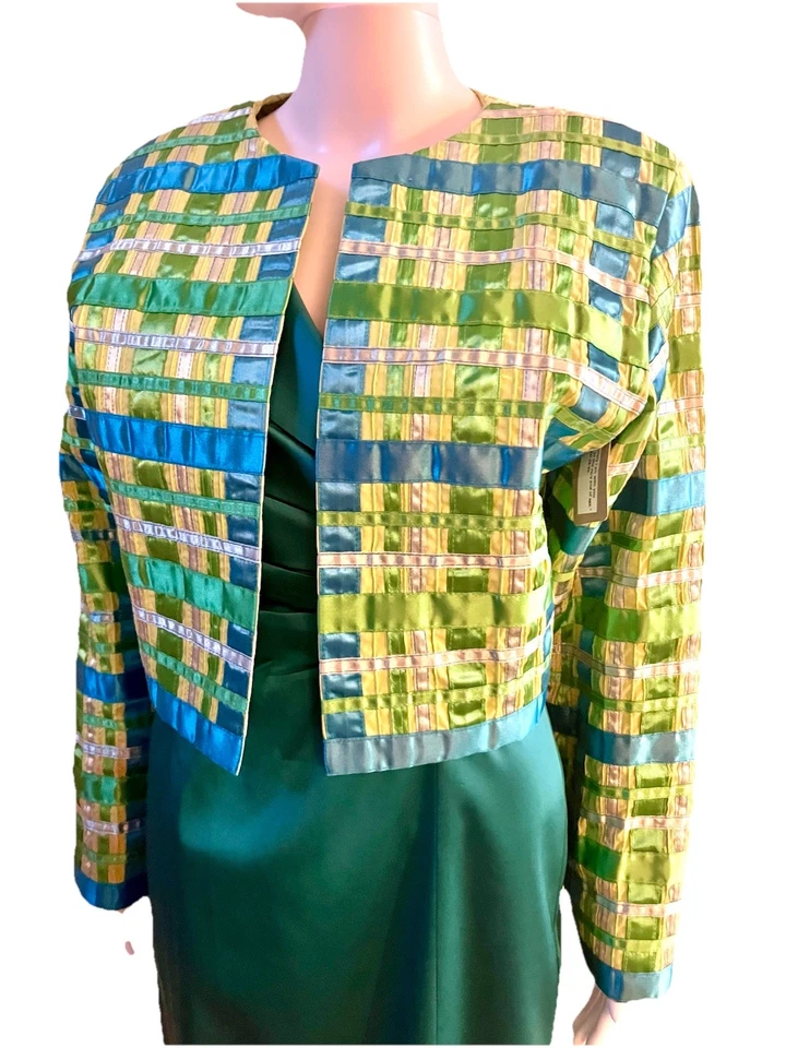 Tachi Castillo Blazer размер M (США 10) неоновый зеленый и синий атласная лента винтажный $700 - Изображение 2 из 4