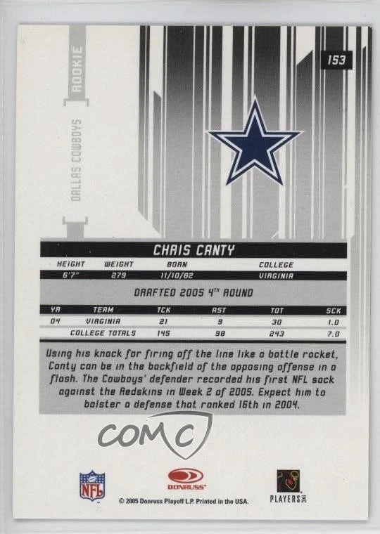 2005 Leaf Rookies & Stars Longevity Rookie Gold /150 Chris Canty #153 RC - Image 2 of 2