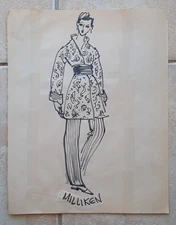 Original vintage art fashion drawing Milliken fabrics 1980s Romeo Gigli