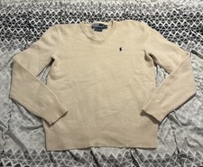 Vintage Polo Ralph Lauren Lambs Wool V-Neck Sweater Cream Size Medium Preppy