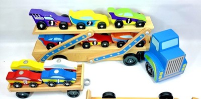MELISSA & DOUG Wood Car Carrier Truck with 6 Cars Plus A Car Trailer w/4 Cars