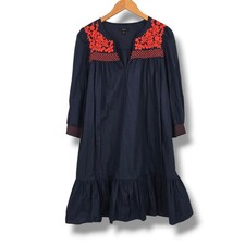 J.Crew Navy Blue Red Floral Embroidered Cotton Ruffle Shift Dress Womens Small