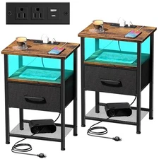 Nightstands Set of 2 with Charging Station and Drawer, End Rustic Brown Rustic