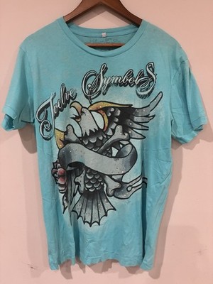 Vintage Twelve Symbols Rhinestone Eagle Tattoo Tee L Y2K Blue Cyber Grunge Shirt