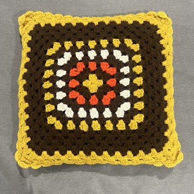 Vintage Hand Embroidered/ Crocheted Throw Pillow Retro Boho Geometric Hippie