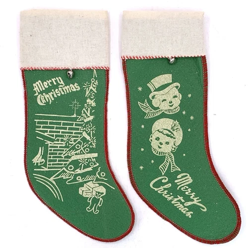 Vintage Christmas Stockings Stenciled GREEN Felt with Bell VGC! Hard to Find!