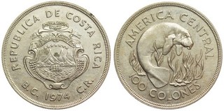 Costa Rica 100 Colones 1974 Manatee silver