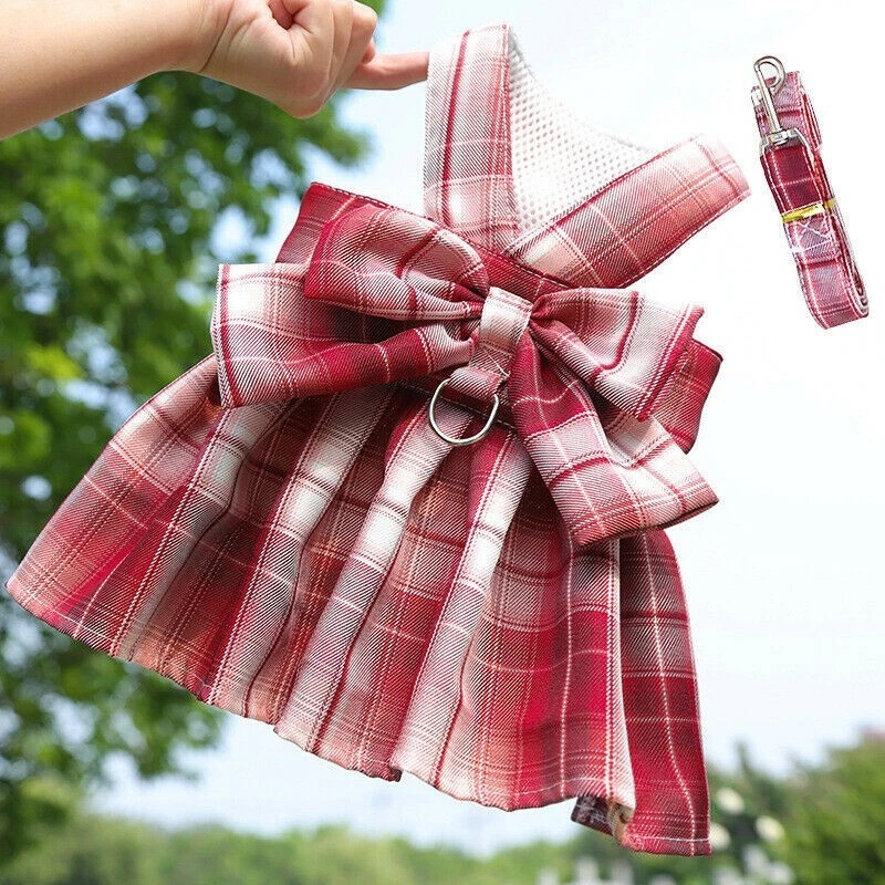 Cute Bow Plaid Pet Cat Dog Dress Harness Leash Set Pet Puppy Princess Clothes - Image 2 of 4