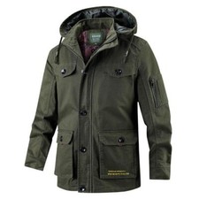 Men's Hooded Cotton Mid Length Jacket Full Zip Tooling Coat Khaki Green M-6XL