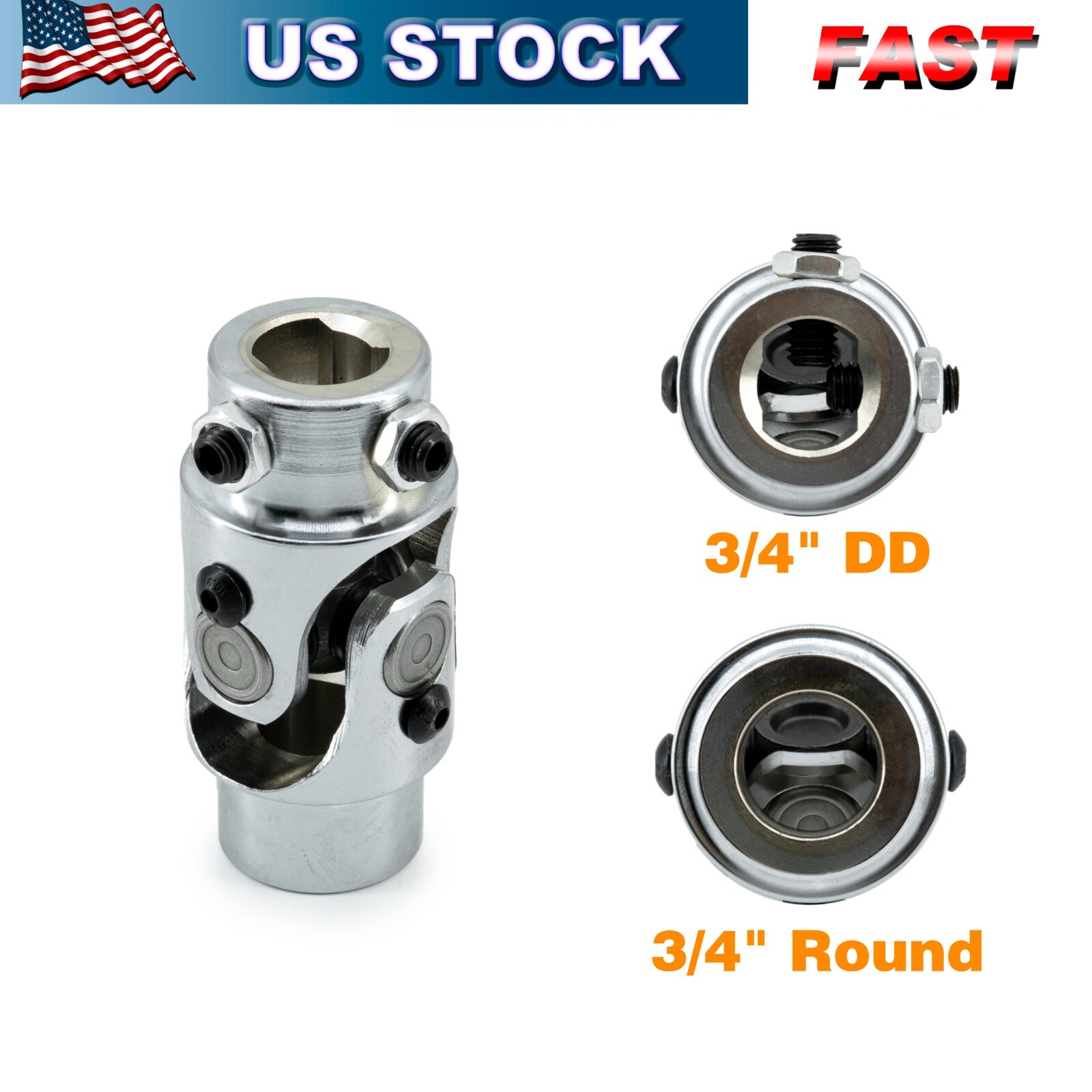 Double U Joint Shaft - 3/4" Round X 3/4" Round, Chrome, 5-1/8" Total Length, Universal Steering Joint