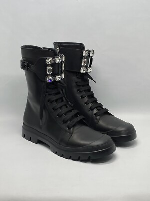 $1945 Roger Vivier Walkyviv Calfskin Crystal-Buckle Mid Boots size