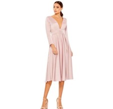 Mac Duggal Plunging Satin A-Line Long Sleeve Midi Dress In Rose Pink Size 8