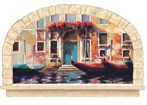 Wallpaper-Mural-Faux-Stone-Arch-Window-Venetian-Gondolas-Venice-Tuscan-Italy