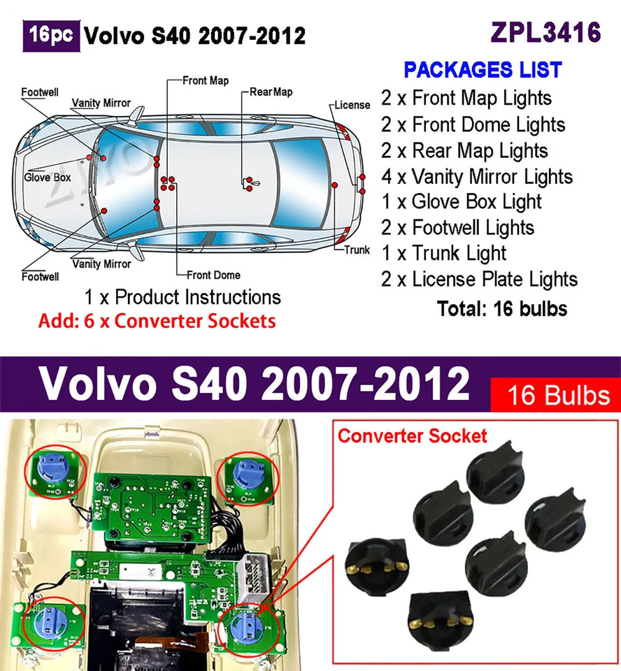 Actualización de luz interior LED de 16 piezas para Volvo S40 2007-2012 bombillas LED blancas Foto 2 de 4