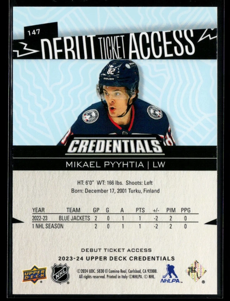 2023-24 Upper Deck Credentials #147 Mikael Pyyhtia RC 793/999 - Image 2 of 2