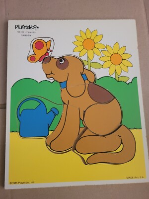 PlaySkool #186-09 Garden Puppy Dog Butterfly 7 pc Wood Puzzle Made in USA 1985