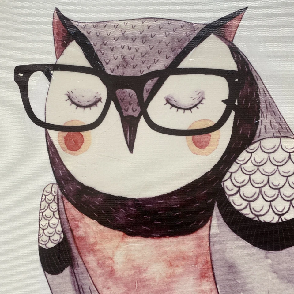 Folk Art Owl With Glasses Acrylic 60's 70's Whimsical 24 x 18 Stretched Canvas - Image 2 of 4