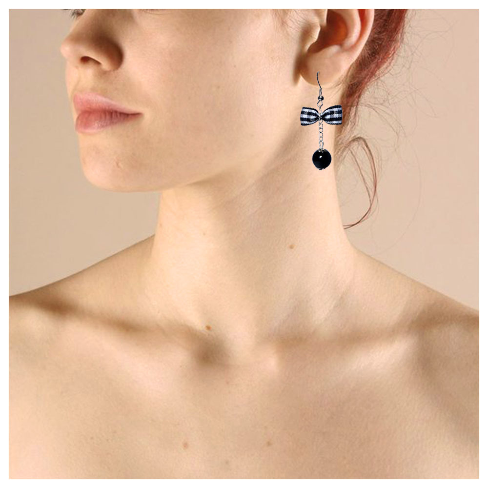 Boucles D'oreilles Femme Rétro Noeud Papillon - Tissu Vichy Perle Rose - Fait Main France