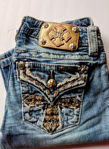 1 pr Miss Me Women's Skinny Jeans embroidered rhinestone Fleu De Lis size 27