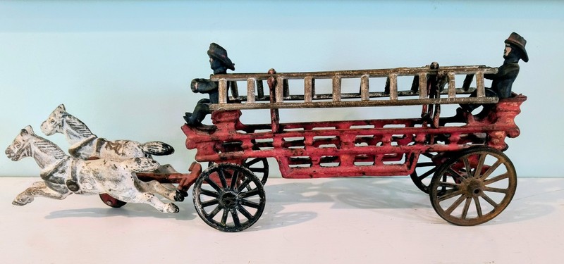 Early Cast Iron Fire Department Ladder Truck Horse Drawn. White Horses, Ladders