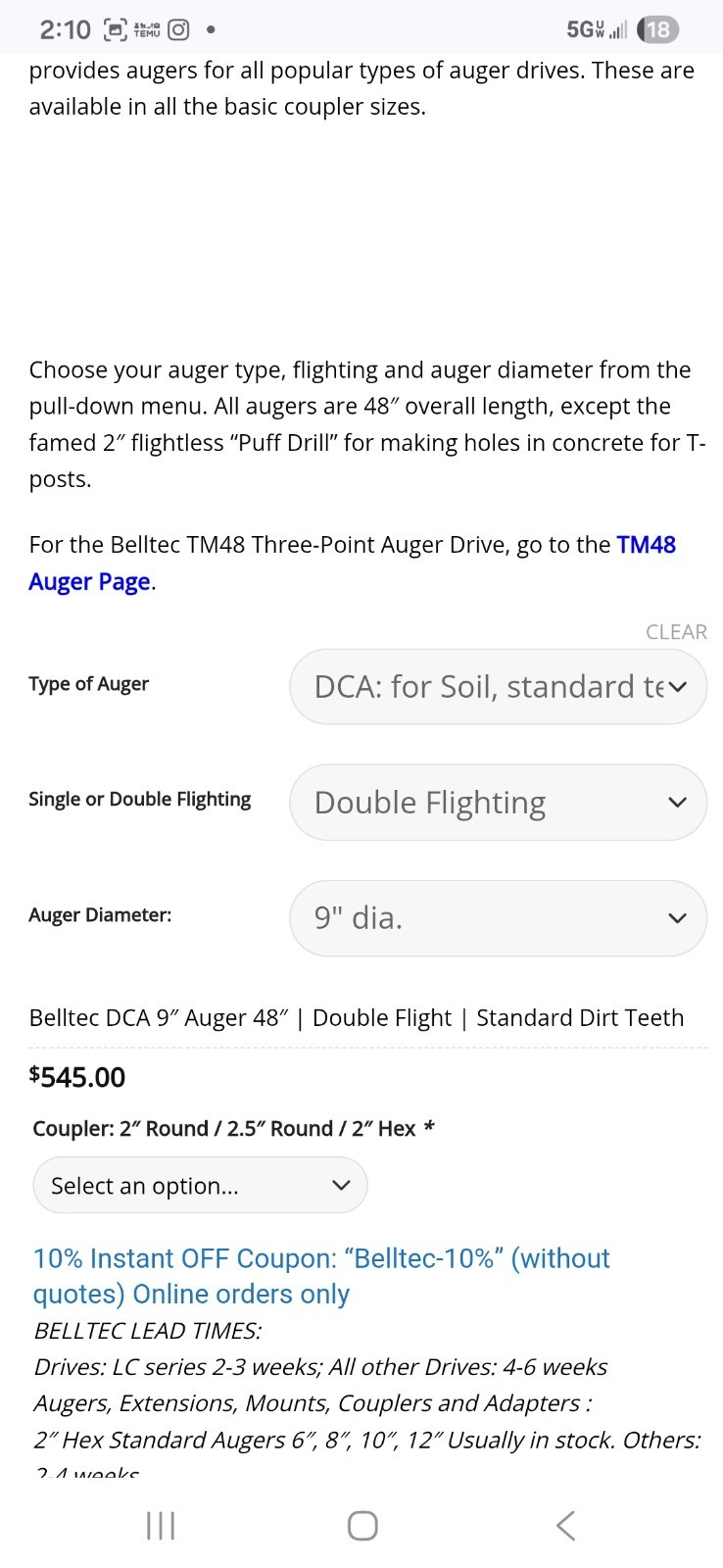 Belltek H200 Hydraulic Auger Kit
