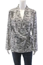 H By Halston Womens Abstract Print Wrap Blouse White Emerson Black Size Medium
