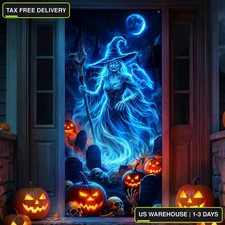 Halloween Door Cover Decorations 35x79", Spooky Glowing Witch Pumpkin Door Banne