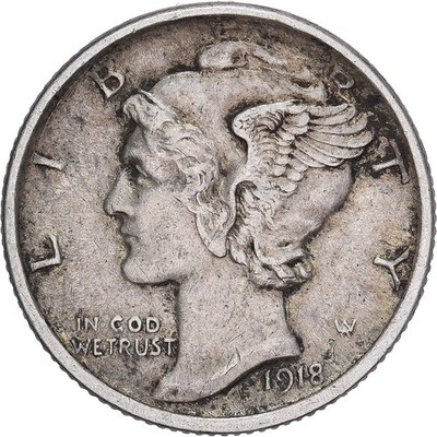 [#849726] USA, Mercury Dime, Dime, 1918, San Francisco, AU(50-53), Sil