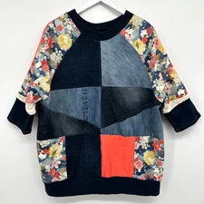Vintage Upcycled Patchwork Top Shirt Size L XL Boho Artsy Eclectic Denim Grunge