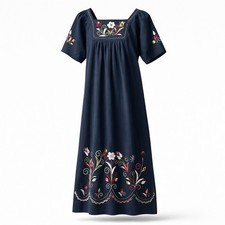 Boho Mexican style Embroidered Navy Dress Festive floral Design Sz M Cotton