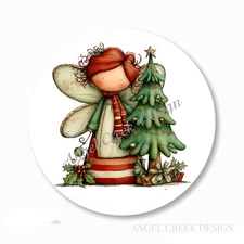 WHIMSICAL GIRL ANGEL w/CHRISTMAS TREE SCRAPBOOK STICKERS FAVORS ENVELOPE SEALS