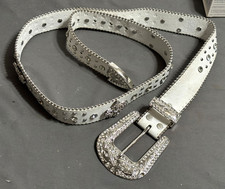 Vtg 40-45" waist WHITE Elvis Presley RHINESTONE STUD BELT Fleur De Lis SILVER