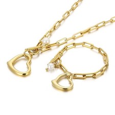 Women Stainless Steel Open Heart Necklace Bracelet Gold Plated Set S8821