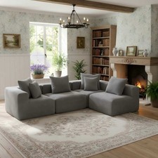 Modular L-Shaped Sectional Sofa w/ Plush Chenille 5 Pillows, Grey