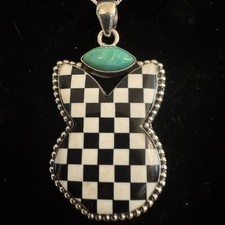 Checkered black Onyx and Sterling silver Pendant Necklace with Turquoise Accent