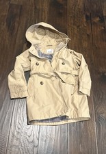 Zara Kids Coat Girls Size 7 Tan Khaki Jacket With Hood And Belt Plaid Lining
