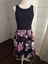 Xscape Dress Womens 8 Navy Floral Fit Flare Satin Midi Cocktail Party Wedding
