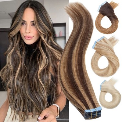 FULL HEAD Tape In Remy Skin Weft Russian 100% Human Hair Extensions Thick Long