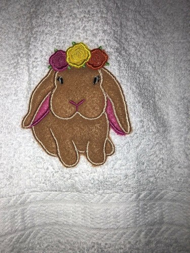 Appliqued Embroidered Bathroom Hand Towel Felt Rose Crown Easter Bunny- HS1253 - Picture 2 of 3