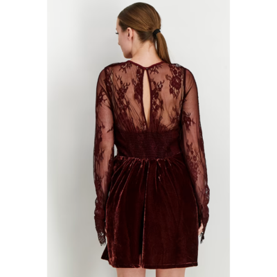 FREE PEOPLE Women's Marlie Lace Velvet Mini Dress Garnet S Long Sleeve NWT