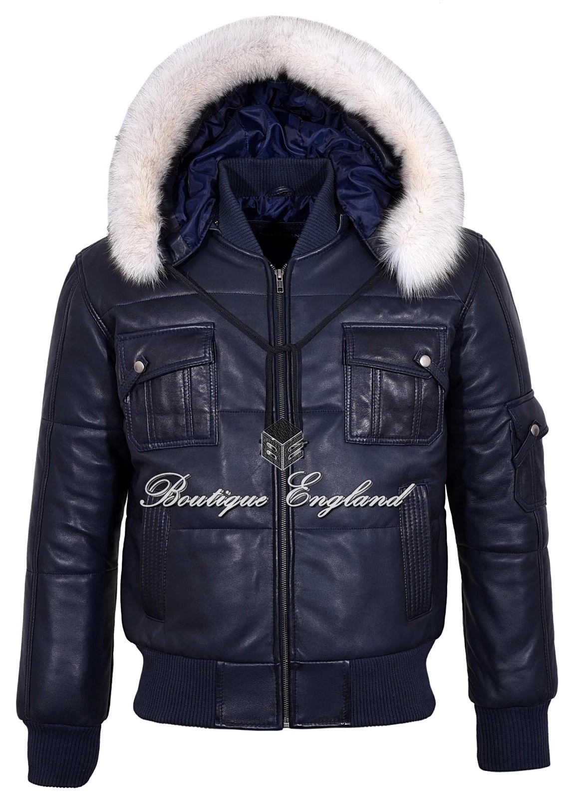 Men's Puffers Hooded Bomber Jacket Navy Real Lambskin Leather Pilot 6 Puffer