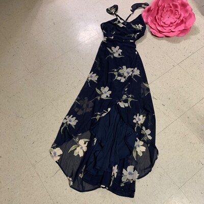 LULUS Womens Sz Large All Mine Floral Print High-Low Maxi Wrap Dress Navy Blue